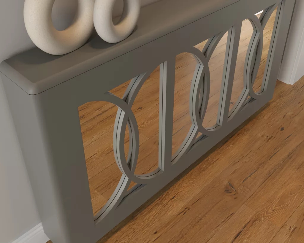 Product Image of a Selene Clip-on Radiator Cover in Quartz Grey a modern grey radiator cabinet with mirrored front panel.